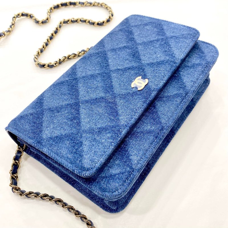 CHANEL 香奈兒 雙C LOGO菱格紋牛仔布金鍊WOC 晶片款 全新商品-5