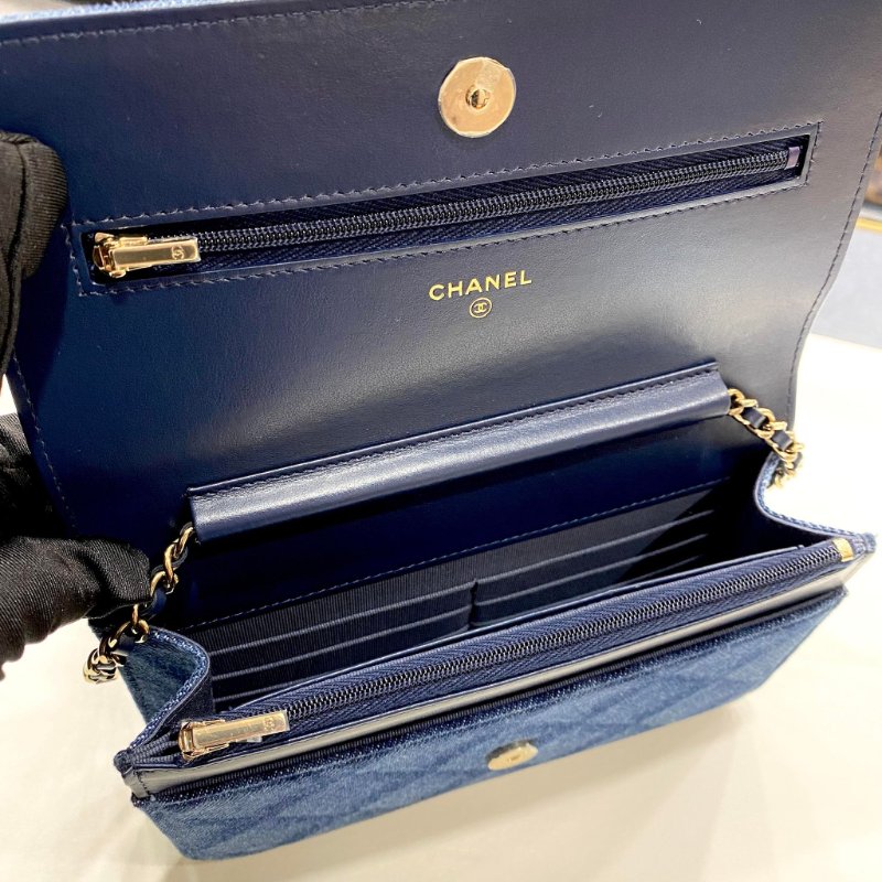 CHANEL 香奈兒 雙C LOGO菱格紋牛仔布金鍊WOC 晶片款 全新商品-6