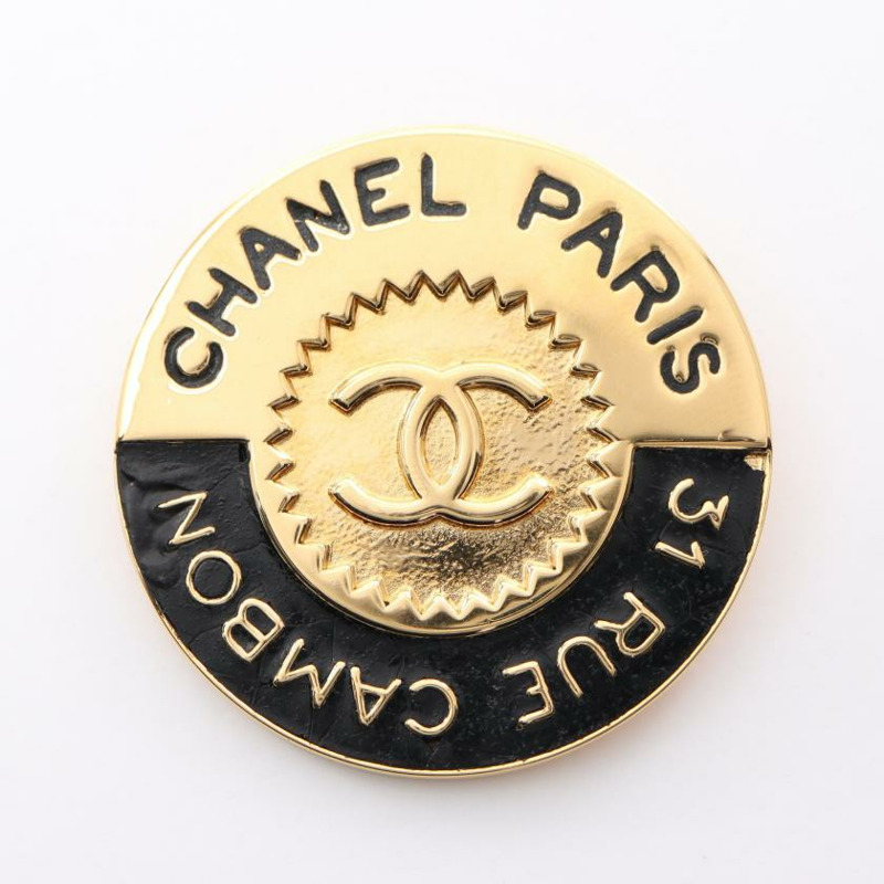 中古CHANEL[B]双C标志 胸针 GP 金色 黑色 vintage-0