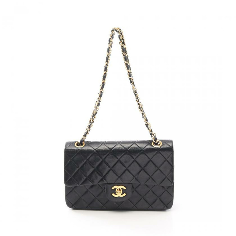 中古CHANEL[B]CF 菱格纹 双翻盖 双链条肩包 小羊皮 黑色 金色五金 vintage-0