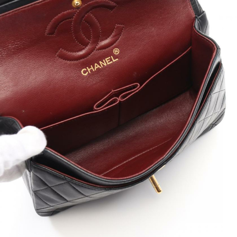 中古CHANEL[B]CF 菱格纹 双翻盖 双链条肩包 小羊皮 黑色 金色五金 vintage-2