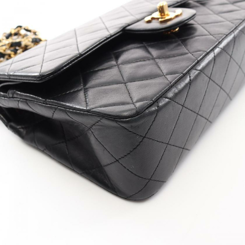 中古CHANEL[B]CF 菱格纹 双翻盖 双链条肩包 小羊皮 黑色 金色五金 vintage-4