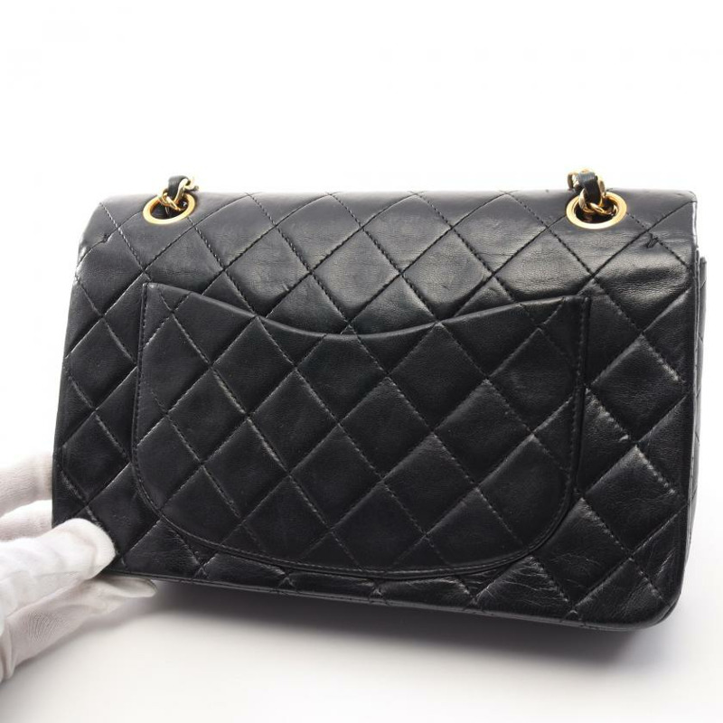 中古CHANEL[B]CF 菱格纹 双翻盖 双链条肩包 小羊皮 黑色 金色五金 vintage-5