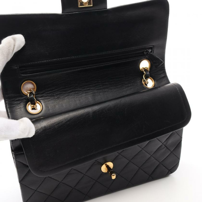 中古CHANEL[B]CF 菱格纹 双翻盖 双链条肩包 小羊皮 黑色 金色五金 vintage-6