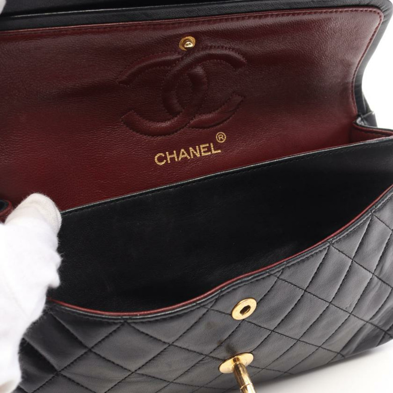 中古CHANEL[B]CF 菱格纹 双翻盖 双链条肩包 小羊皮 黑色 金色五金 vintage-7