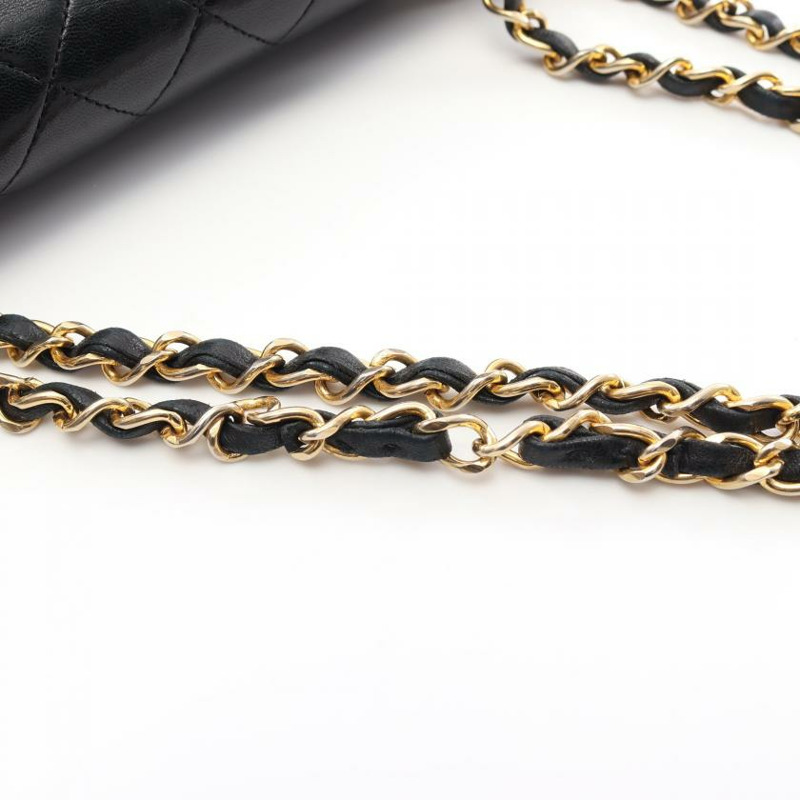 中古CHANEL[B]CF 菱格纹 双翻盖 双链条肩包 小羊皮 黑色 金色五金 vintage-9