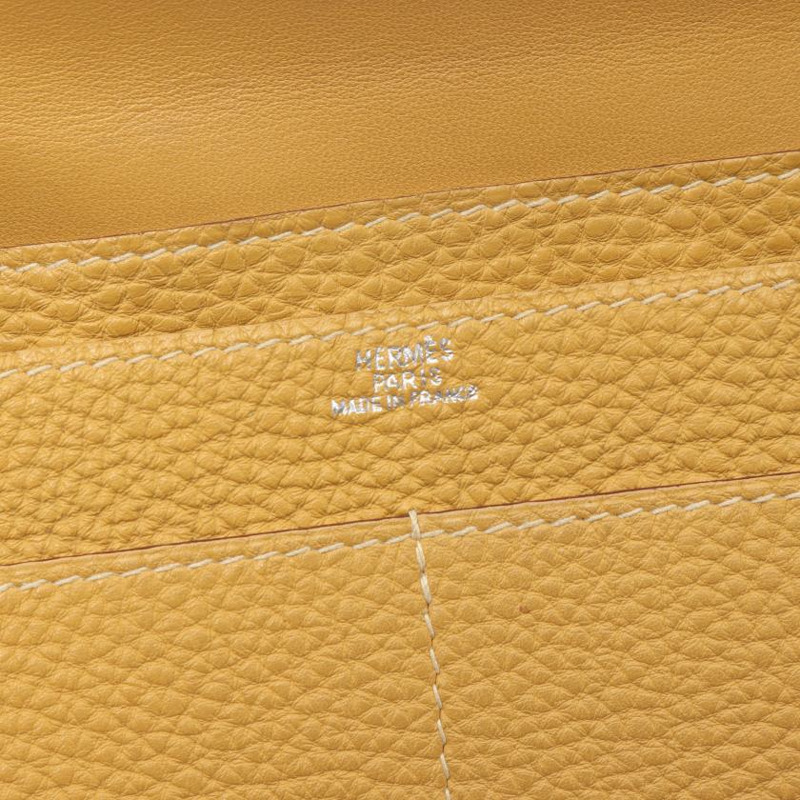 中古HERMES[B]多贡总经理 咖喱色 双折长钱包 Togo（經典普及的Birkin用皮） 黄棕色 银色五金 □K刻印-3