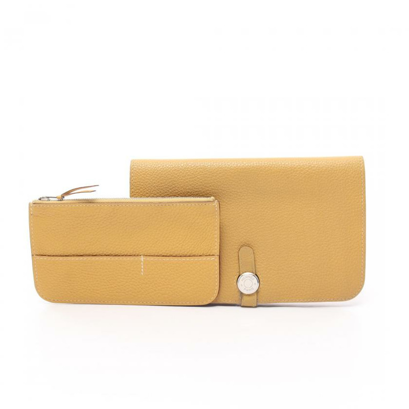 中古HERMES[B]多贡总经理 咖喱色 双折长钱包 Togo（經典普及的Birkin用皮） 黄棕色 银色五金 □K刻印-4