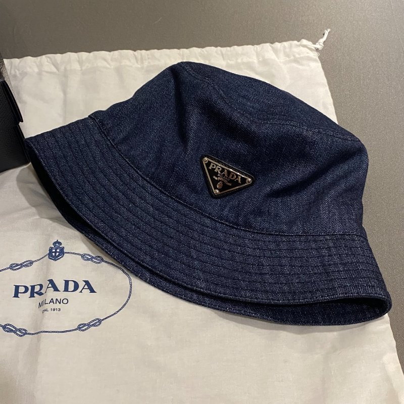 Prada Denim bucket hat 經典三角LOGO 深藍牛仔 漁夫帽 S-7