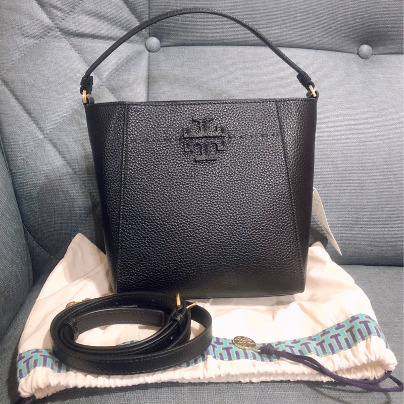 🌺母親節降價優惠🎁TORY BURCH McGraw 雙T縫線牛皮兩用水桶包💼百搭黑色🌈隋棠包款👜-0