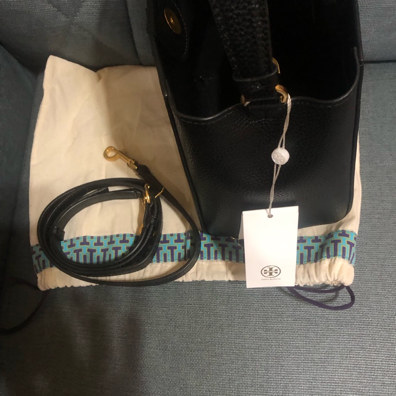 🌺母親節降價優惠🎁TORY BURCH McGraw 雙T縫線牛皮兩用水桶包💼百搭黑色🌈隋棠包款👜-5