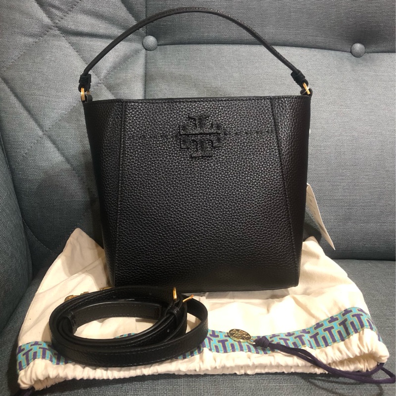 🌺母親節降價優惠🎁TORY BURCH McGraw 雙T縫線牛皮兩用水桶包💼百搭黑色🌈隋棠包款👜-6