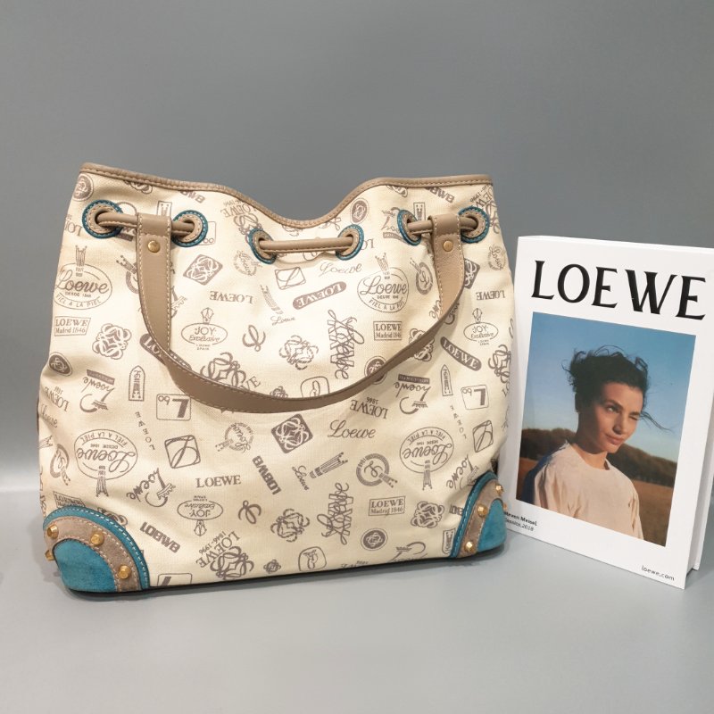 LOEWE 羅威 米白色 帆布拼麂皮 LOGO 束口 托特包/肩背包/手提包-0