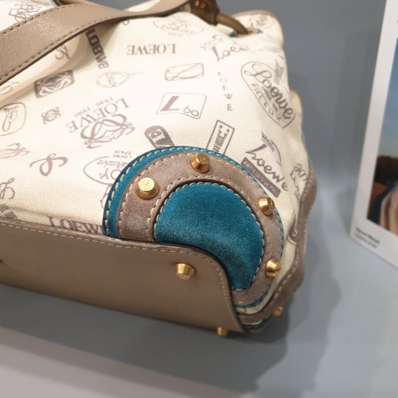 LOEWE 羅威 米白色 帆布拼麂皮 LOGO 束口 托特包/肩背包/手提包-2