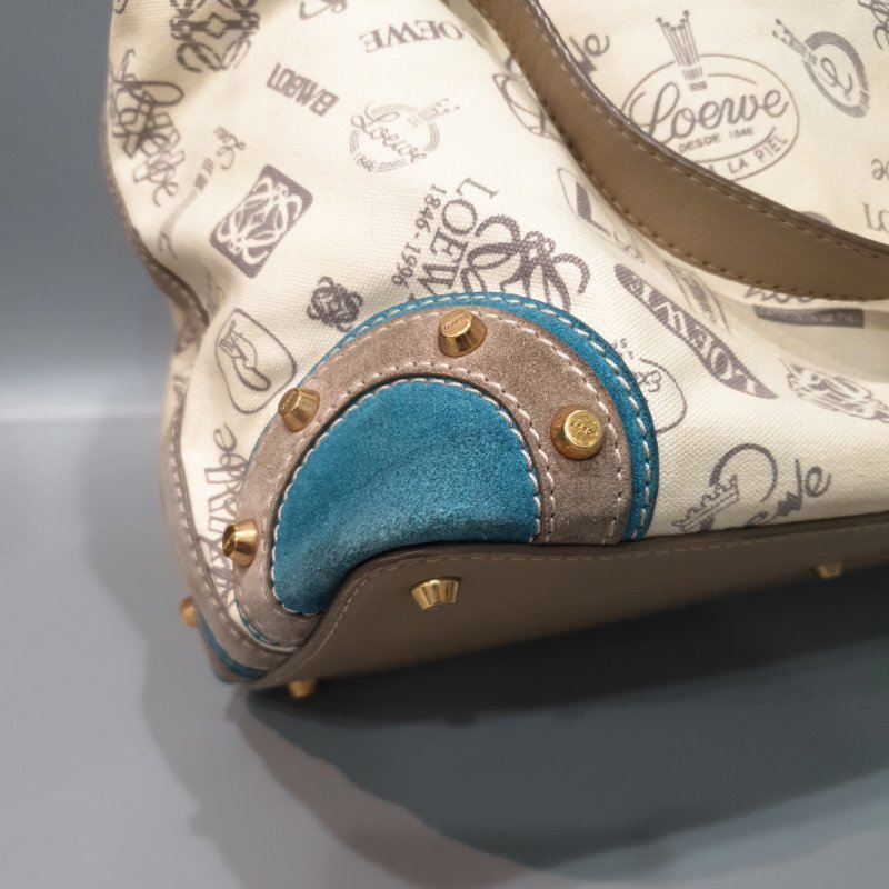 LOEWE 羅威 米白色 帆布拼麂皮 LOGO 束口 托特包/肩背包/手提包-3