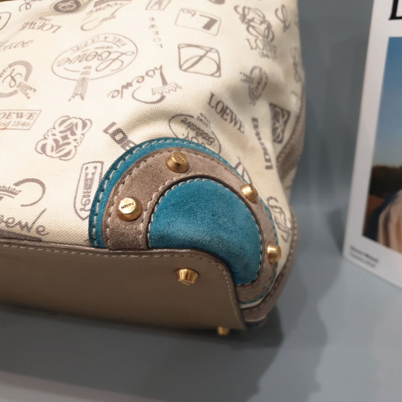 LOEWE 羅威 米白色 帆布拼麂皮 LOGO 束口 托特包/肩背包/手提包-4