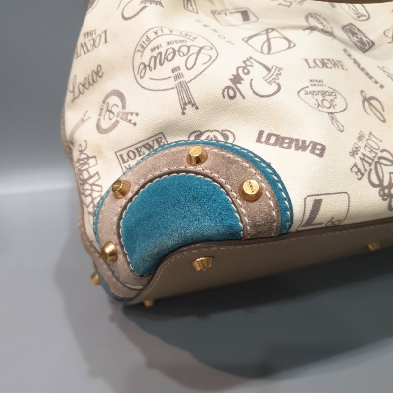 LOEWE 羅威 米白色 帆布拼麂皮 LOGO 束口 托特包/肩背包/手提包-5