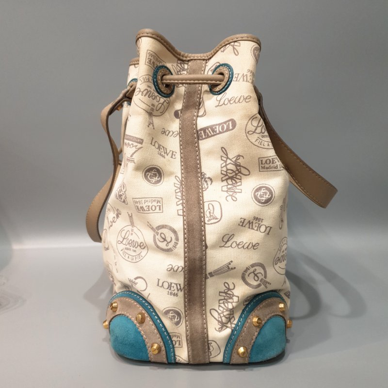 LOEWE 羅威 米白色 帆布拼麂皮 LOGO 束口 托特包/肩背包/手提包-7