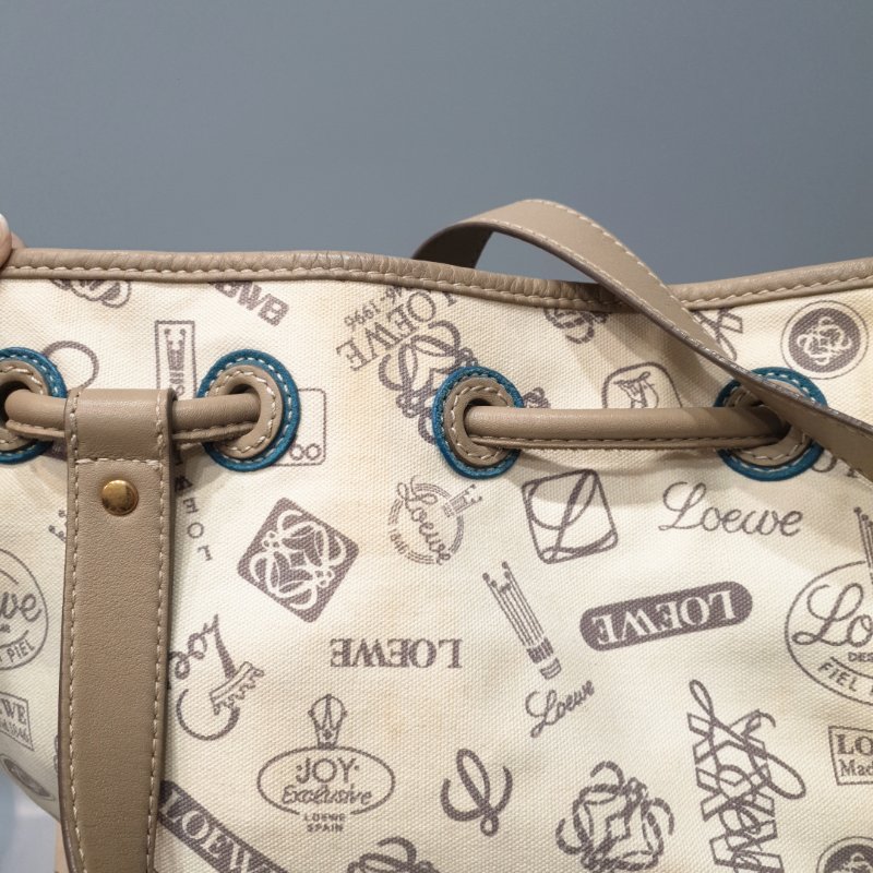 LOEWE 羅威 米白色 帆布拼麂皮 LOGO 束口 托特包/肩背包/手提包-14