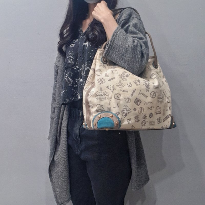 LOEWE 羅威 米白色 帆布拼麂皮 LOGO 束口 托特包/肩背包/手提包-15