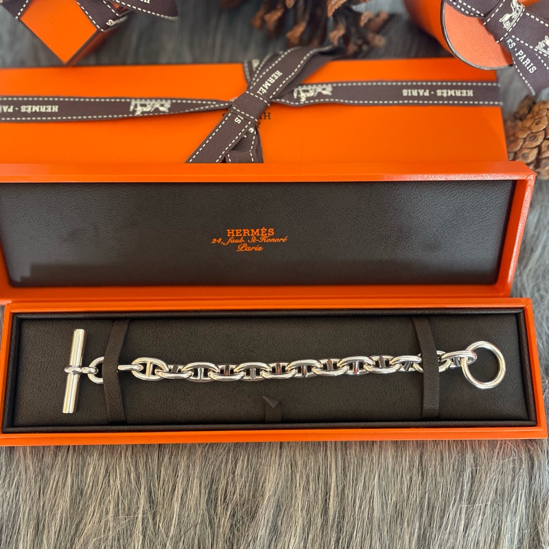 全新愛馬仕豬鼻子M 號純銀925手鍊-0