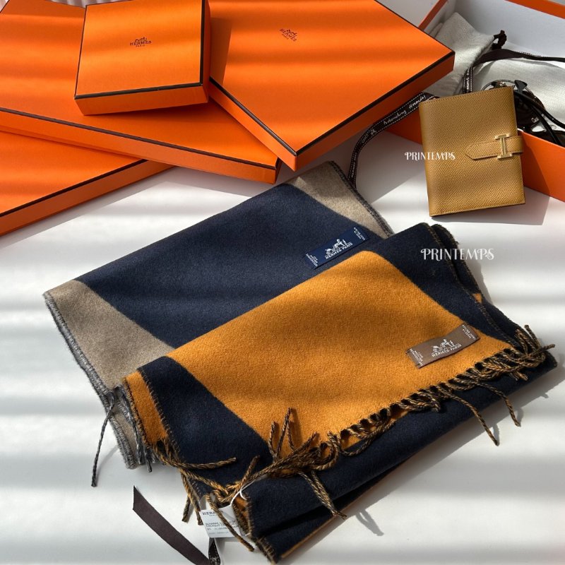 ｜Hermès｜ 喀什米爾羊絨 幾何圍巾藍黃款-0