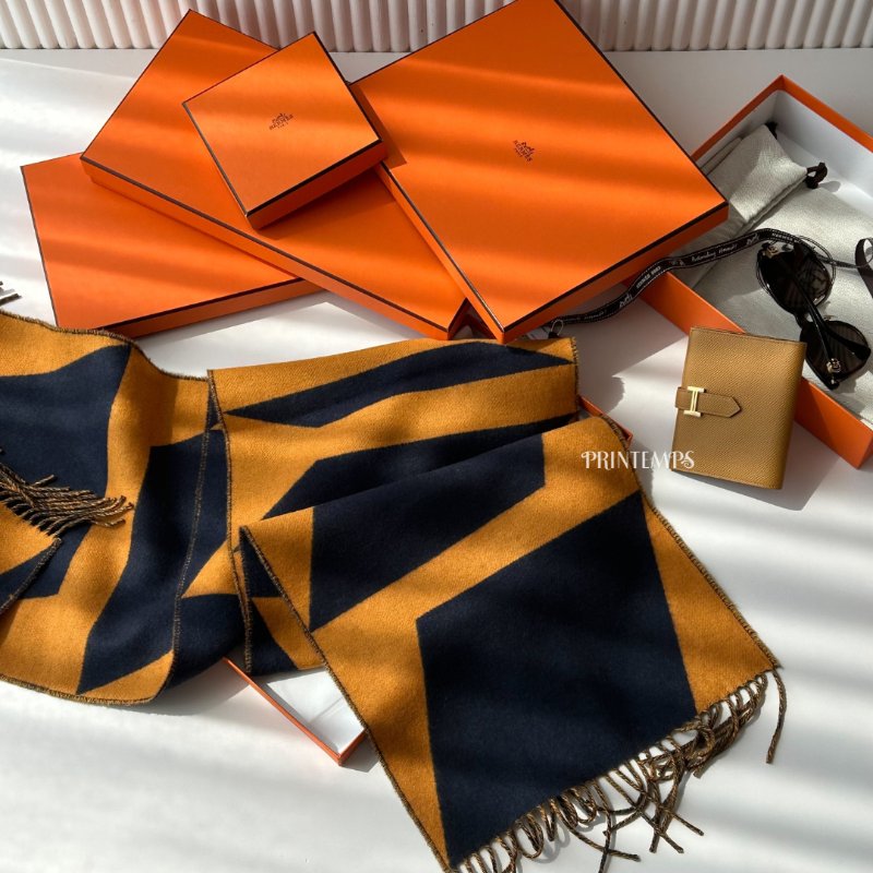 ｜Hermès｜ 喀什米爾羊絨 幾何圍巾藍黃款-1