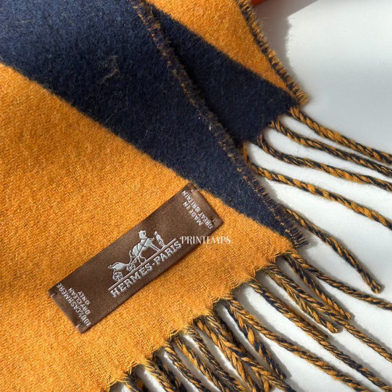 ｜Hermès｜ 喀什米爾羊絨 幾何圍巾藍黃款-2