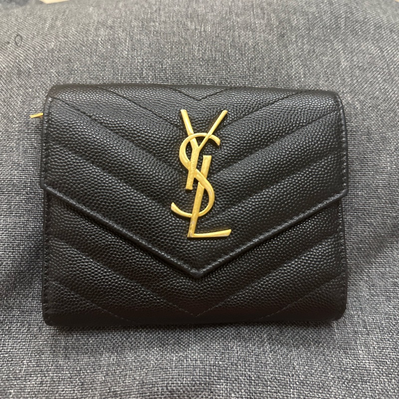 YSL Saint Laurent 荔枝皮短夾 荔枝紋牛皮 黑金短夾 信封短夾-0