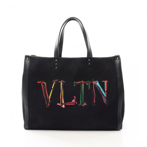 【日本直送】 中古VALENTINO GARAVANI[B]VLTNグラフ 手包 托特包 帆布 皮革 黑色 多色 岩釘