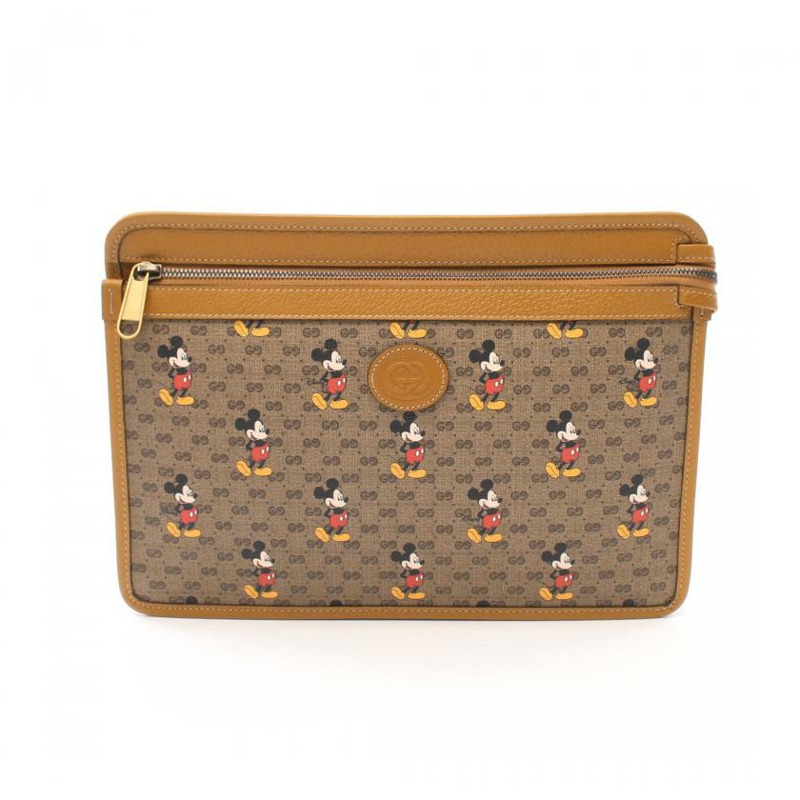 【日本直送】 中古GUCCI[A]GUCCI × Disney 米奇 MicroGG 手包 PVC 真皮 米色 棕黃色 多彩色-0