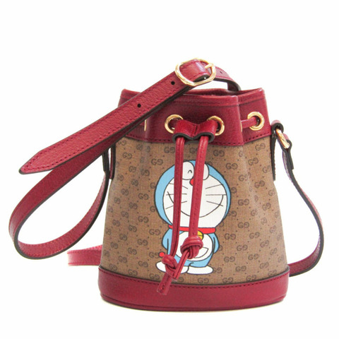 Gucci 哆啦A夢 Collaboration 647801 女式 GG Supreme 皮革單肩包 棕色，紅色