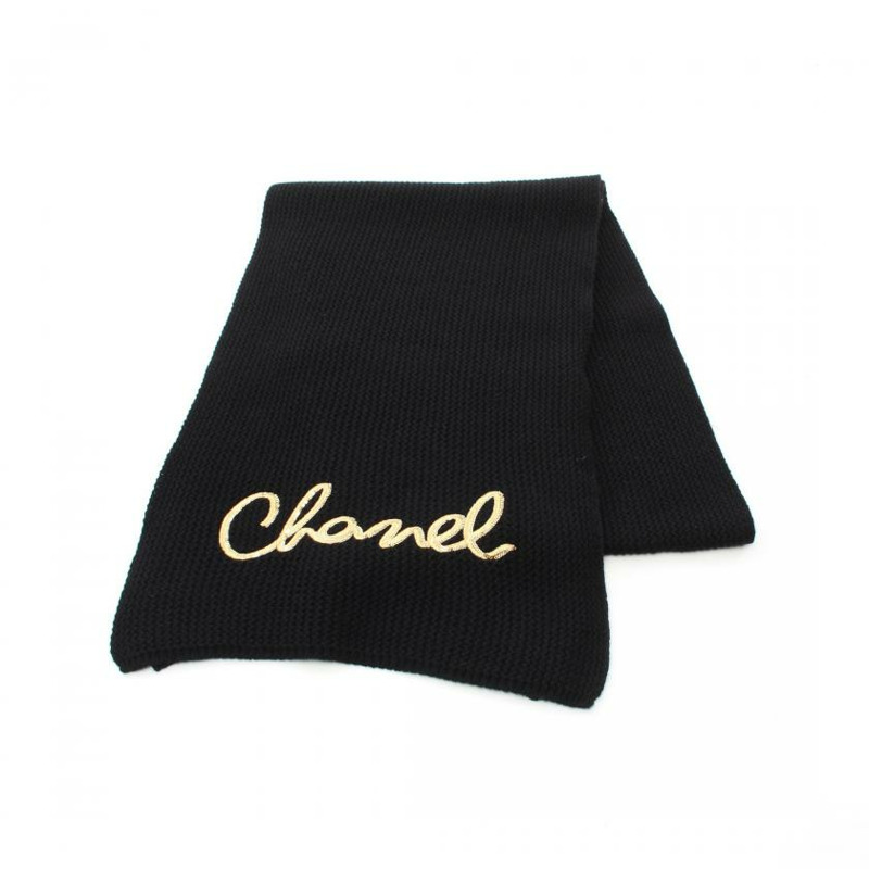 【日本直送】 中古CHANEL[A]圍巾 開司米羊絨 黑色 Logo刺繡 亮片-0