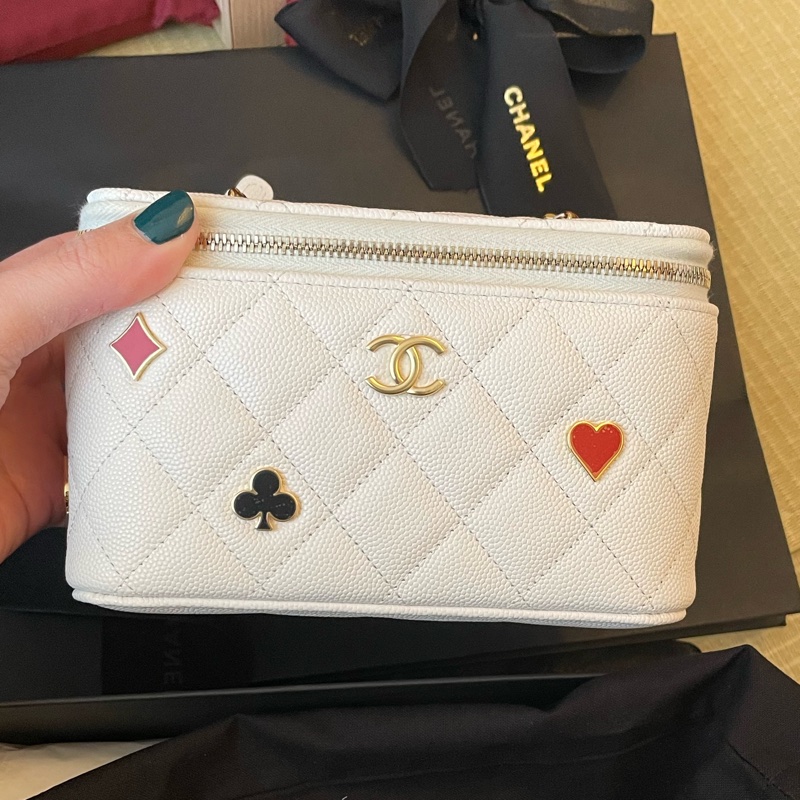 Chanel 23C 新款撲克長盒子 絕美白色荔枝牛皮配金鍊-0