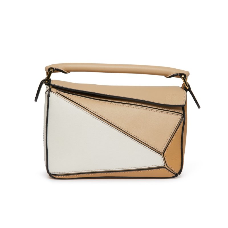 【LOEWE 羅威】Mini Puzzle 迷你 幾何 拼接包 肩背包 手提包 拼圖包 灰米色 棉花白色-0