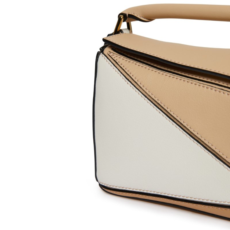 【LOEWE 羅威】Mini Puzzle 迷你 幾何 拼接包 肩背包 手提包 拼圖包 灰米色 棉花白色-3