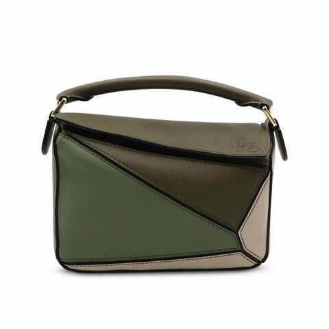 【LOEWE 羅威】Mini Puzzle 多色 迷你 拼圖包 幾何 拼接 肩背包 秋綠/淡燕麥色