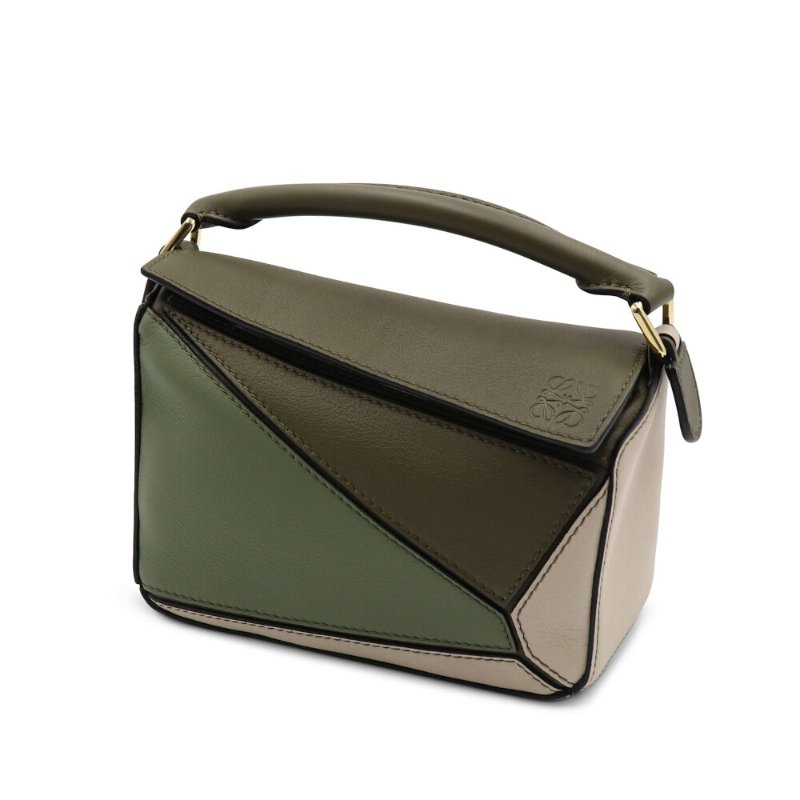 【LOEWE 羅威】Mini Puzzle 多色 迷你 拼圖包 幾何 拼接 肩背包 秋綠/淡燕麥色-1