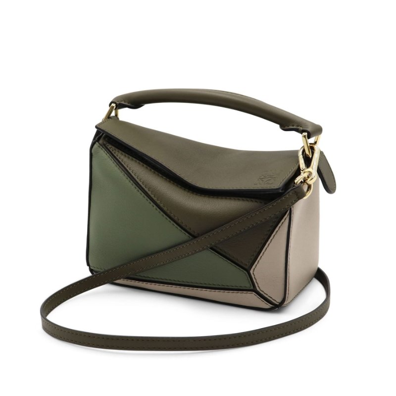 【LOEWE 羅威】Mini Puzzle 多色 迷你 拼圖包 幾何 拼接 肩背包 秋綠/淡燕麥色-2