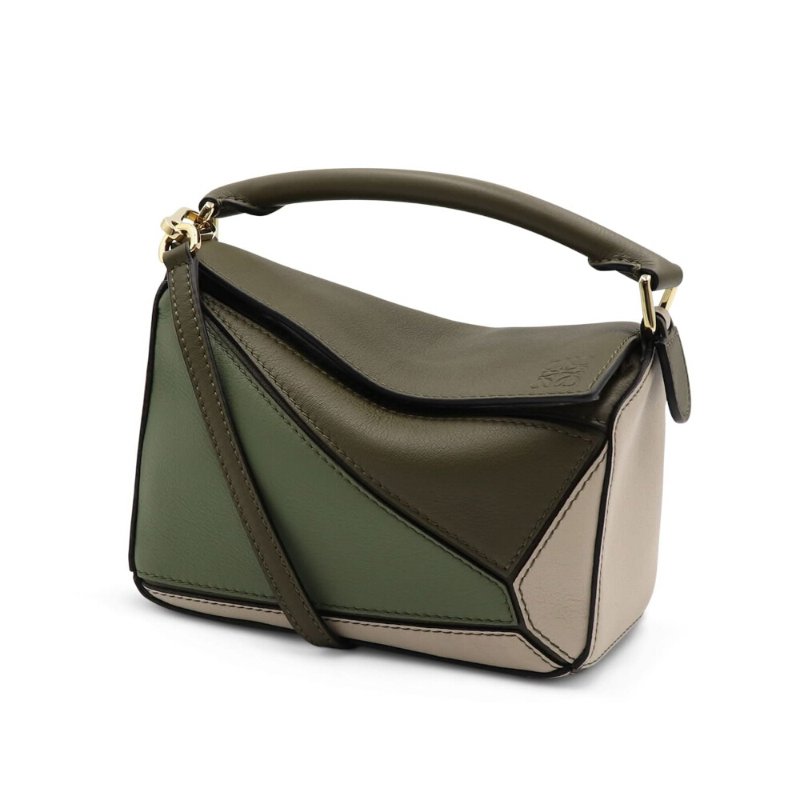 【LOEWE 羅威】Mini Puzzle 多色 迷你 拼圖包 幾何 拼接 肩背包 秋綠/淡燕麥色-3