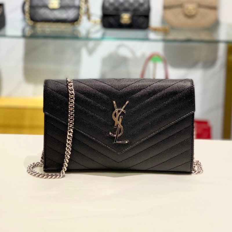 YSL 山型紋荔枝皮 銀鏈銀LOGO WOC斜背包 大款 黑色 全新商品-0