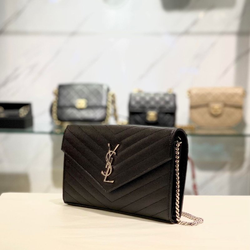 YSL 山型紋荔枝皮 銀鏈銀LOGO WOC斜背包 大款 黑色 全新商品-1