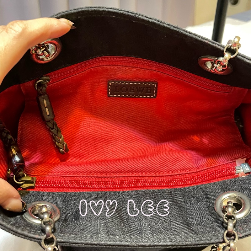 LOEWE 帆布水桶包 肩背包 VINTAGE 鏈條提把 質感黑壓印Logo 二手精品 正品-5