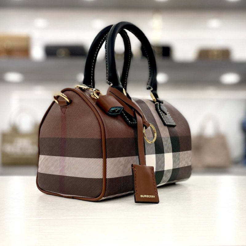 BURBERRY 小牛皮飾邊格紋波士頓包兩用包 全新商品-1