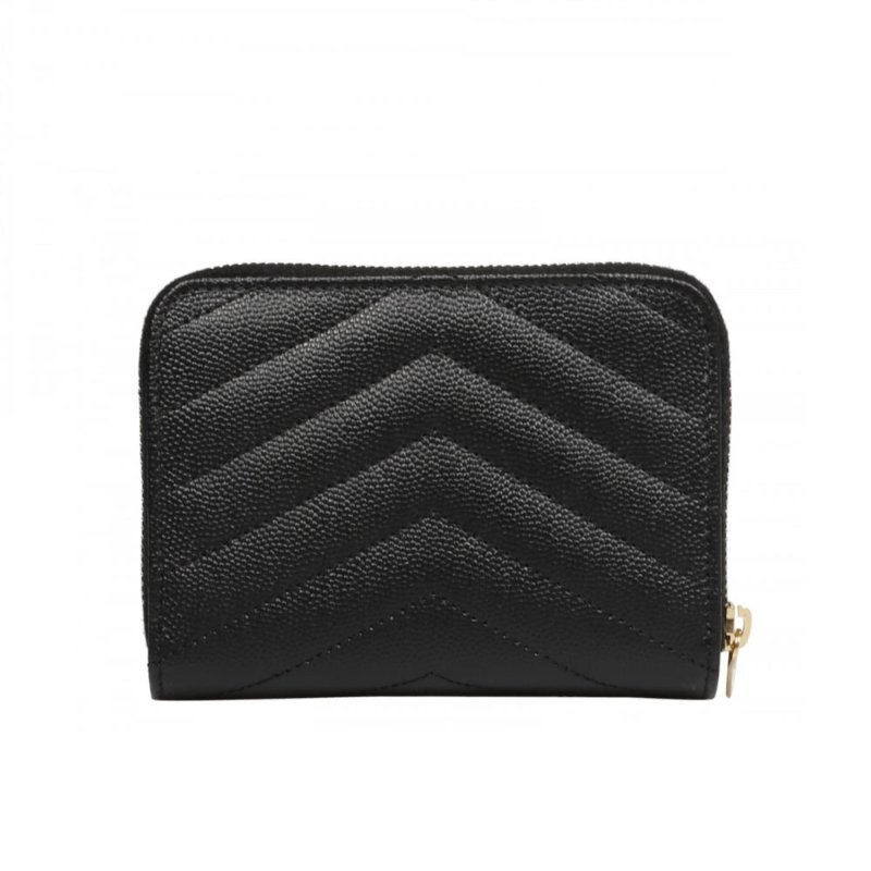 【YSL】SAINT LAURENT Monogram 皮革 拉鍊 釦式 短夾 卡夾 零錢包 金字 皮夾 黑色 金扣-1