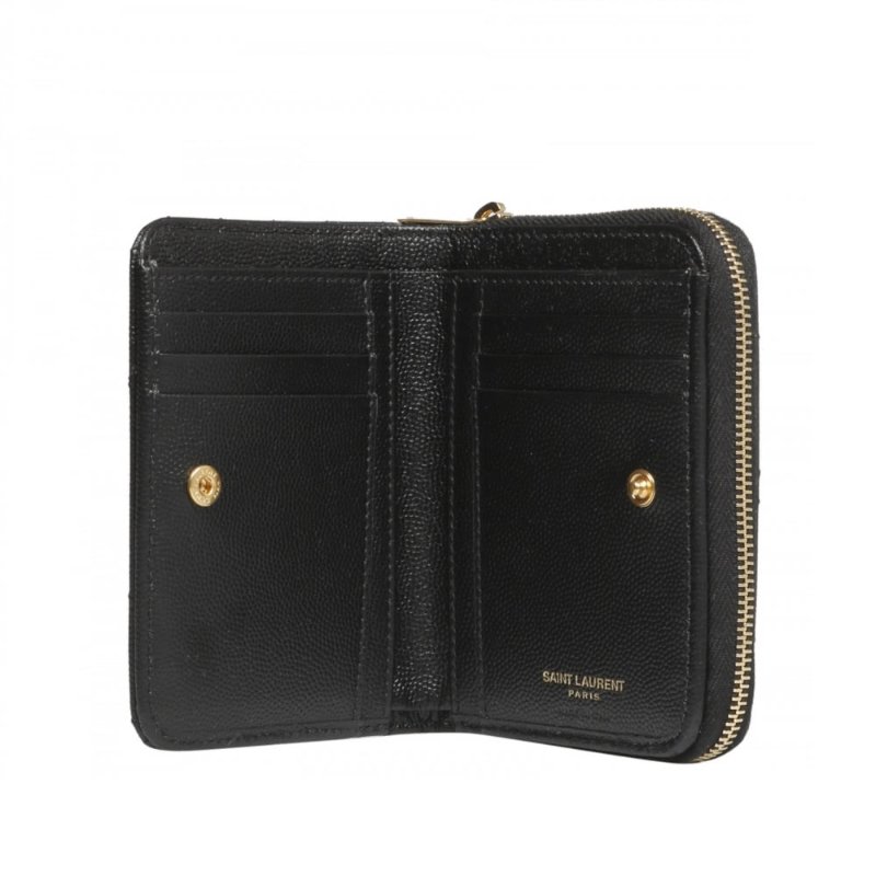 【YSL】SAINT LAURENT Monogram 皮革 拉鍊 釦式 短夾 卡夾 零錢包 金字 皮夾 黑色 金扣-2