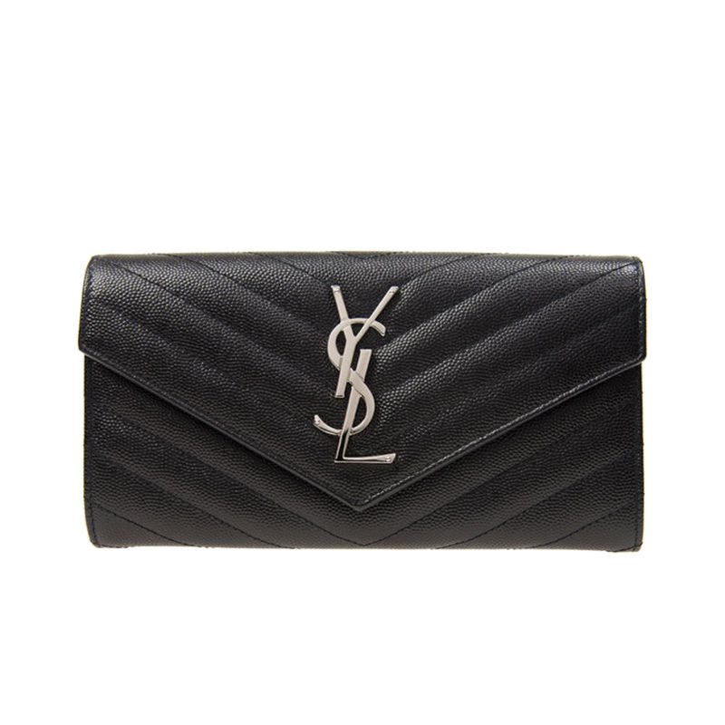 【YSL】SAINT LAURENT Monogram 皮革 信封式 扣式 皮夾 長夾 黑色 銀色 黑銀 銀扣-0