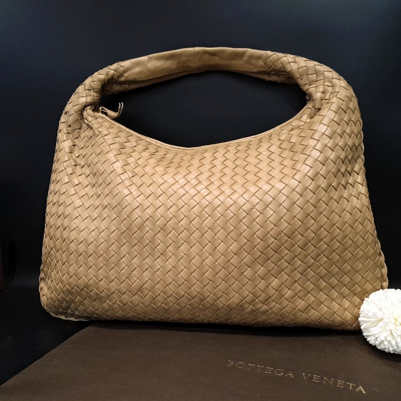 Bottega Veneta BV 奶茶色 全皮經典編織 中款 和尚包/托特包/肩背包/手提包-1