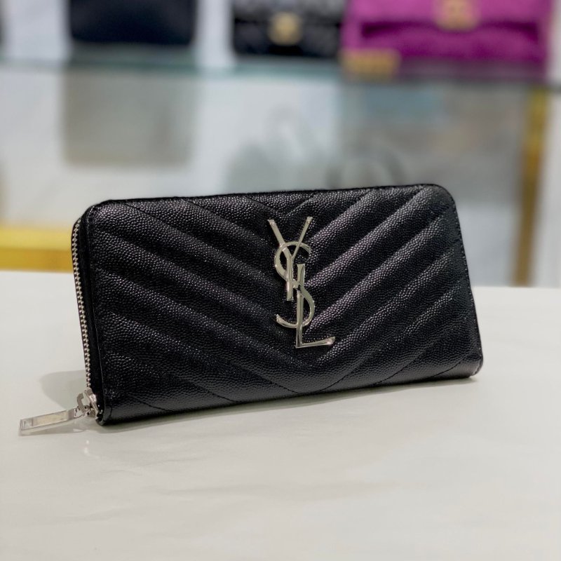 YSL 荔枝皮銀釦拉鍊長夾//黑銀//全新商品-0