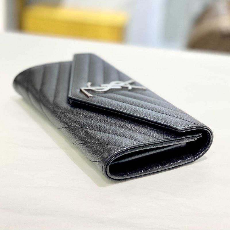 YSL 荔枝皮銀釦拉鍊長夾//黑銀//全新商品-1
